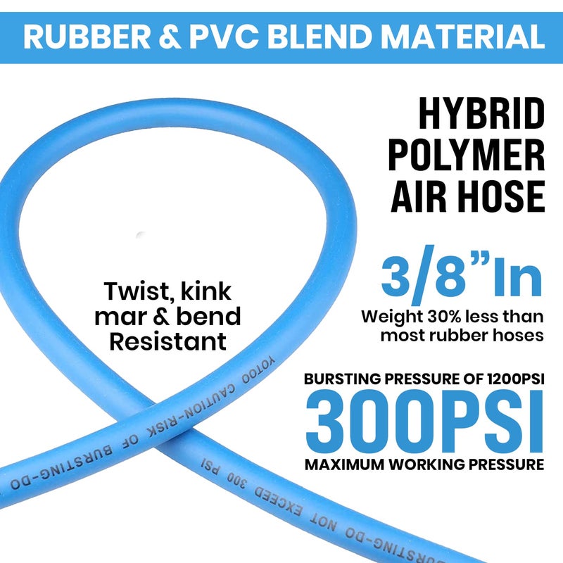 YOTOO Air Hose 3/8 in x 50 ft, Heavy Duty Hybrid Air Compressor Hose, Flexible, Lightweight, Kink Resistant with 1/4" Industrial Quick Coupler Fittings, Bend Restrictors, Blue - Image 2